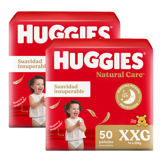 Pañales Premium Huggies Natural Care XXG Más Suave 50 Ud Pack x2